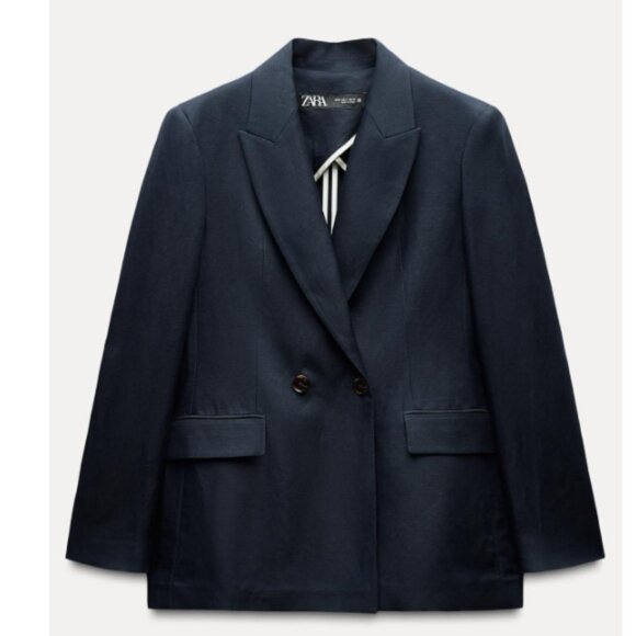 Zara | fitted double breasted Navy Linen Blend Blazer - Picture 2 of 16